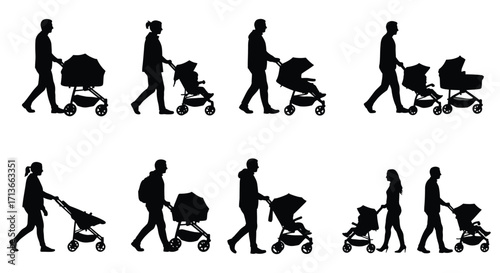 Silhouettes of parents with strollers walking together in a row
