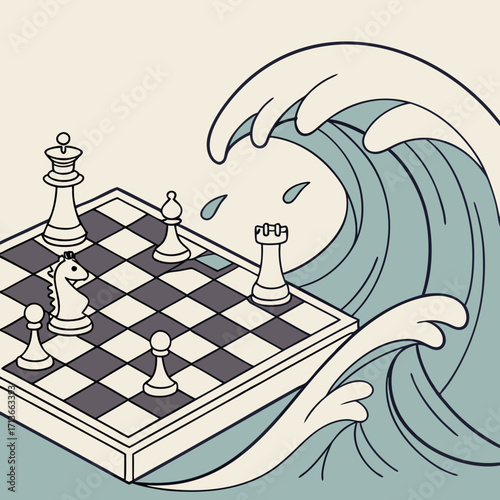 A chess board with pieces is about to be submerged by a large stylized wave symbolizing overwhelming challenges and strategic dilemmas