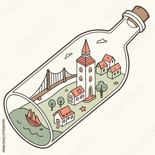 A charming whimsical illustration of a miniature village with a bell tower houses trees a bridge and a sailboat inside a glass bottle on a light background