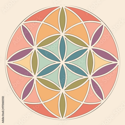 A harmonious geometric mandala design featuring the sacred geometry symbol of the flower of life in soft pastel colors creating a balanced and symmetrical pattern on a neutral background
