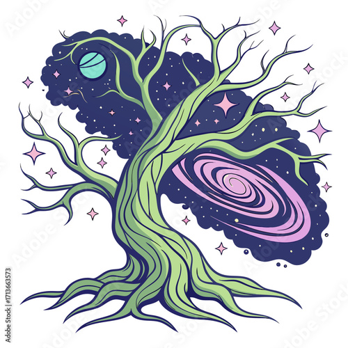 A mystical stylized illustration of a vibrant green tree with bare branches extending into a cosmic night sky filled with stars a planet and a swirling pink galaxy