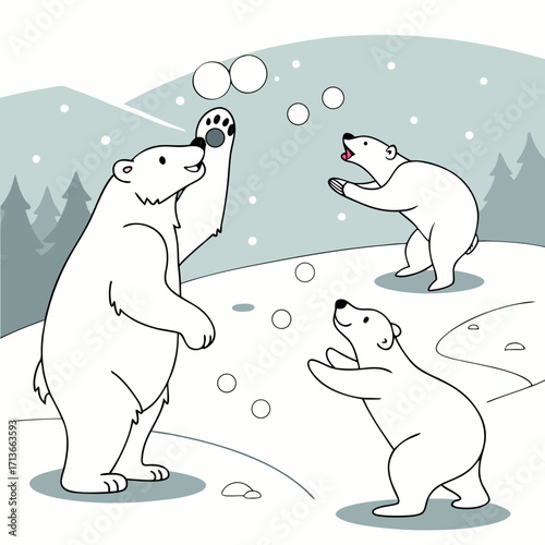 A playful family of polar bears enjoys a snowy winter day tossing snowballs in a whimsical cartoon illustration