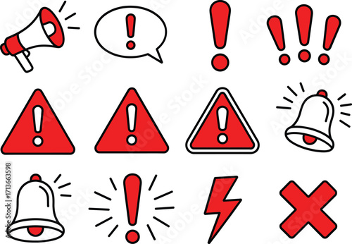 Hand drawn warning icons alert symbols danger signs notification bells and exclamation marks collection