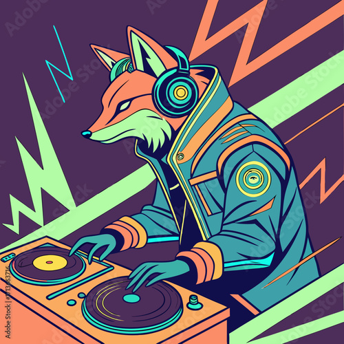 A stylized vibrant illustration of a cool fox wearing headphones and a stylish jacket skillfully operating a dj turntable set with energetic lightning bolt graphics in the background