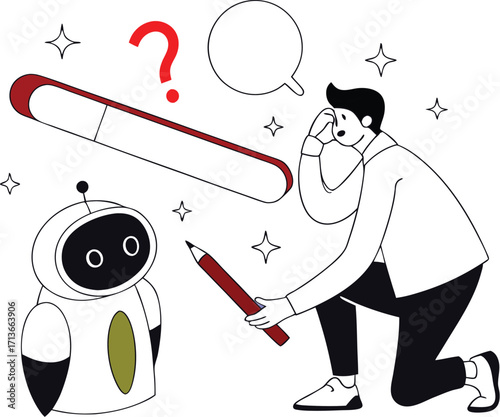 Man pondering robot interaction with question mark and speech bubble vector art