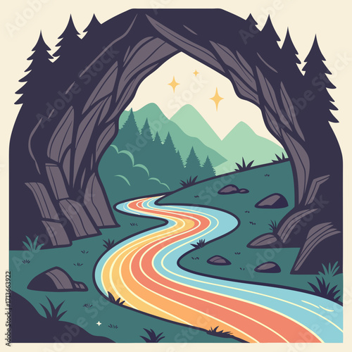 A whimsical cave entrance frames a vibrant rainbow colored river winding through a serene forest landscape under a starry sky