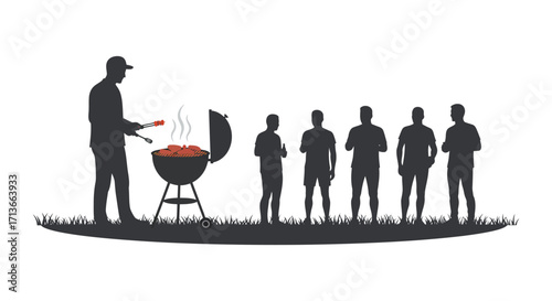 A summer barbecue scene with a grill and silhouetted people gathered