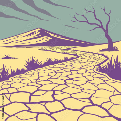 A winding cracked earth path leads through a barren desert landscape towards a distant mountain under a cloudy sky with a solitary dead tree