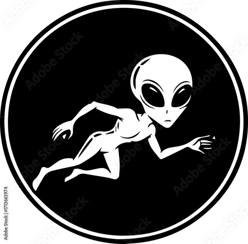 Curious alien figure running with large eyes, representing exploration and the unknown in a dynamic pose.