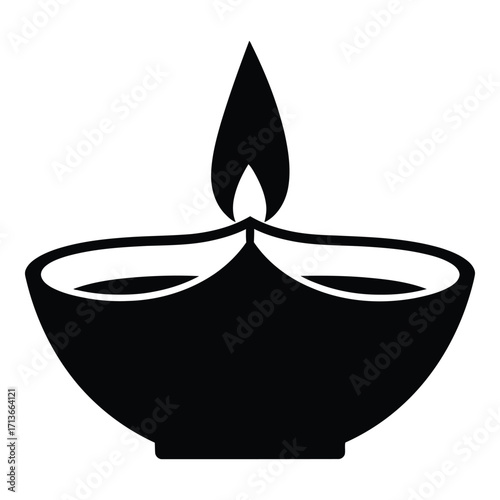 Simple black silhouette of a traditional oil lamp with a fiery flame