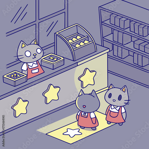 Cute cartoon cats working in a shop selling star shaped treats and products with a whimsical and charming isometric illustration style