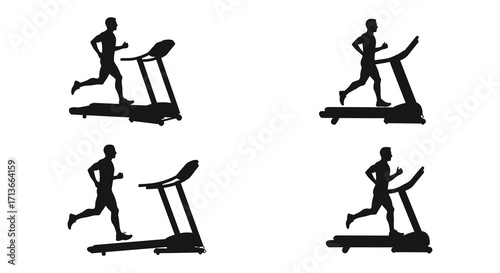 Silhouettes of people running on treadmills in a repetitive pattern