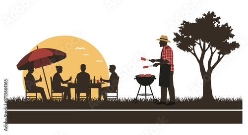 Family enjoying a summer barbecue outdoors with a vibrant sunset backdrop