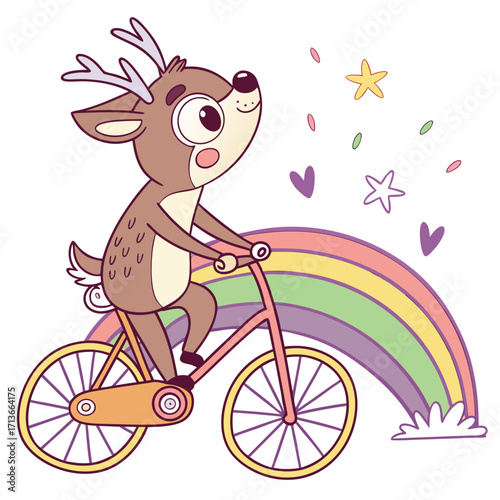 Cute cartoon deer with antlers happily riding a bicycle over a pastel rainbow with stars and hearts floating around it