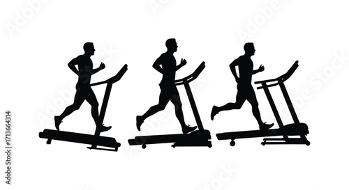 Silhouettes of three people running on treadmills a fitness illustration