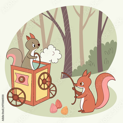 Cute cartoon squirrels in a forest setting one driving a toy wagon emitting steam the other holding a bow and arrow with nuts nearby