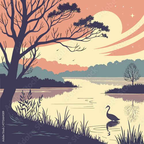 Serene sunset over a tranquil lake with a lone swan swimming peacefully amidst reeds and silhouetted trees reflecting in the calm water