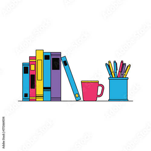 A minimalist line art illustration of a colorful bookshelf with books, a coffee mug, and a pen holder for a creative workspace or study concept