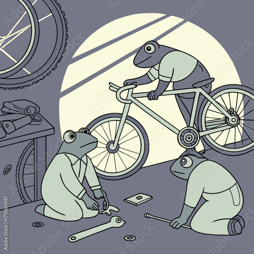 Three anthropomorphic frogs working together to repair a bicycle in a workshop with tools and spare parts scattered around them