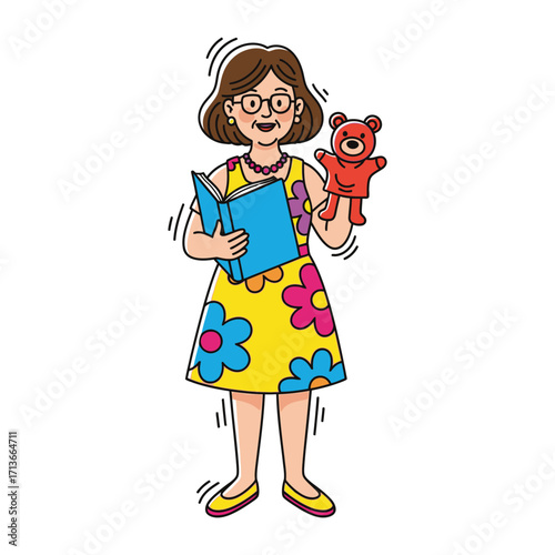 Cheerful woman wearing a bright yellow floral dress, holding a book and a teddy bear puppet, ready for a story time or educational activity, with a warm and inviting expression