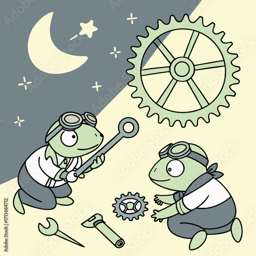 Two cute cartoon chameleons wearing goggles and steampunk attire work together on gears and tools under a crescent moon and stars