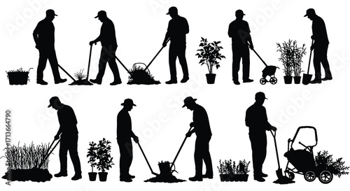 Silhouettes of gardeners performing various tasks in a garden setting