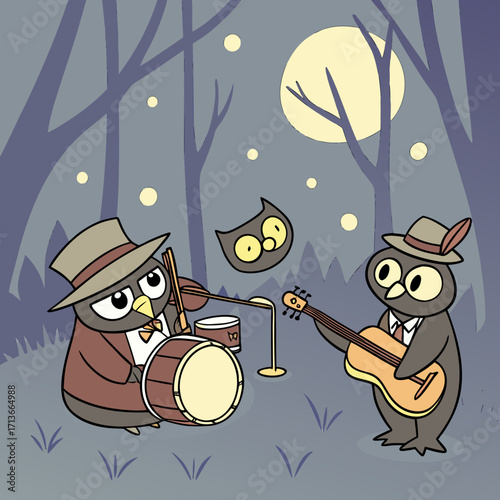 Whimsical cartoon owls dressed in formal attire playing musical instruments in a moonlit forest clearing with a third owl floating above