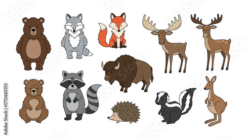 Cartoon Wildlife Assortment: An assorted collection of cartoon animals, including a bear, wolf, fox, moose, deer, raccoon, bison, hedgehog, skunk, and kangaroo, presented in a whimsical illustration.