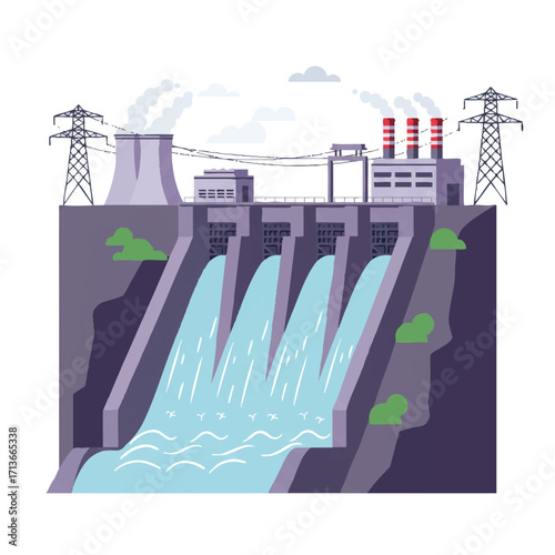 A vibrant 2D flat vector illustration depicts a large hydroelectric dam with water powerfully flowing through its gates, generating clean electricity for a nearby power station on a white background.