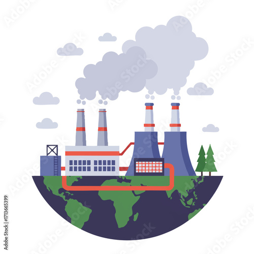 A vibrant 2D flat vector illustration depicts a modern geothermal power plant facility with steam plumes rising from the earth's surface, surrounded by simplified landscape on a white background.