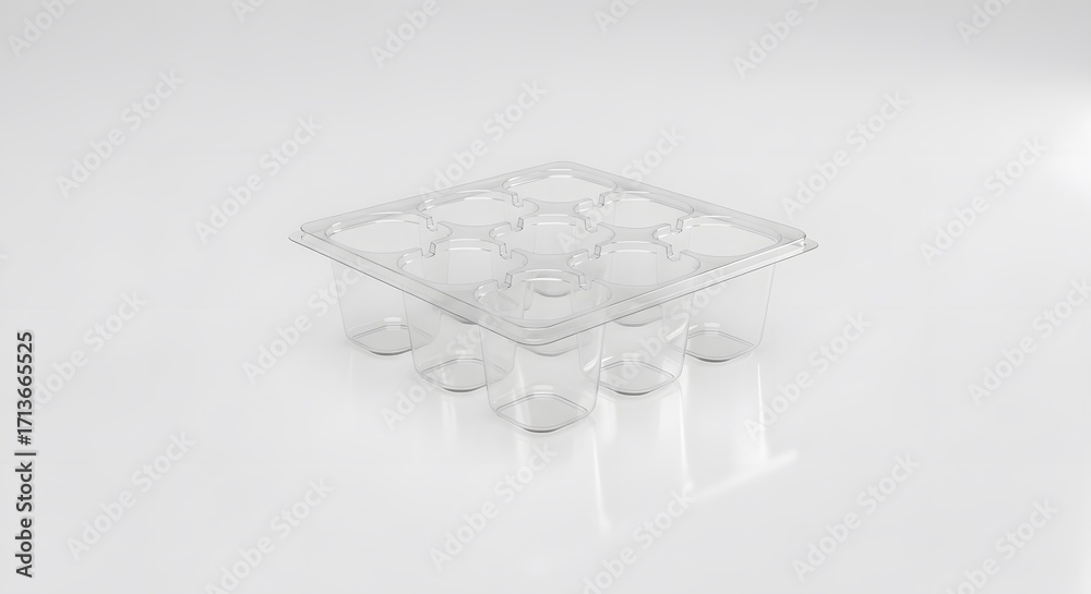 Fototapeta premium Empty clear plastic packaging tray with nine compartments on a white background.