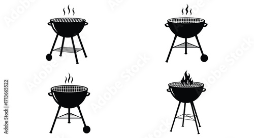Four black and white illustrations of outdoor charcoal grills with smoke