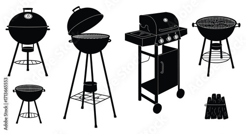 Variety of charcoal and gas grills displayed in a black and white setting