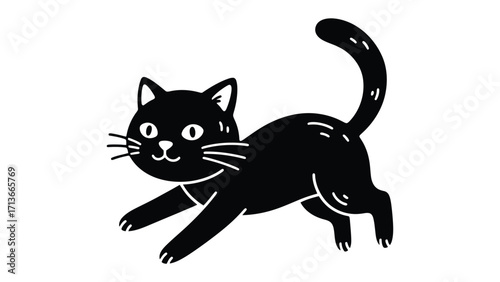 Playful Feline Silhouette: This captivating illustration features a cheerful, stylized black cat in a dynamic pose, capturing its playful essence with minimalist elegance.
