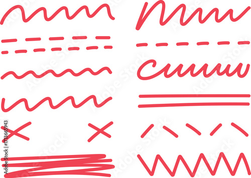 Collection of red hand drawn wavy dashed and zigzag lines on