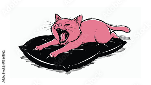 Pink Cat Yawning on Pillow: A whimsical illustration of a pink cat yawning widely while resting atop a soft black pillow, portraying a sense of playful leisure and relaxation.