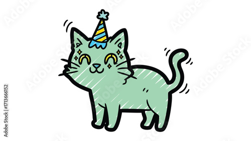 Festive Feline Frolic: A charming cartoon cat, donned with a party hat, exudes pure delight with its cheerful demeanor, embodying the essence of festive joy and celebration.