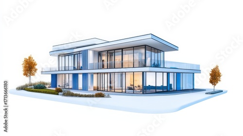 3D render of a duplex house with two floors balcony w