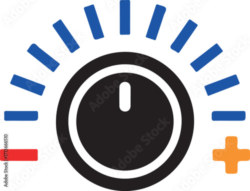 Black dial with blue indicator lines and red minus and orange plus symbols knob control