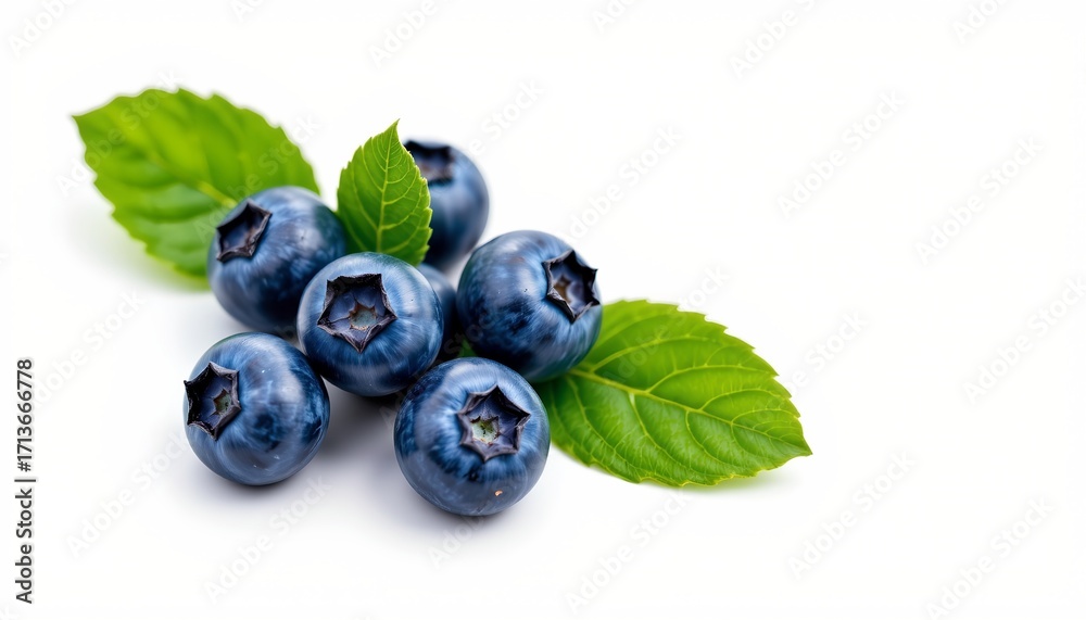 Fototapeta premium Fresh blueberries resting on leaves, creating a visually appealing contrast with their vibrant color against the natural green background.