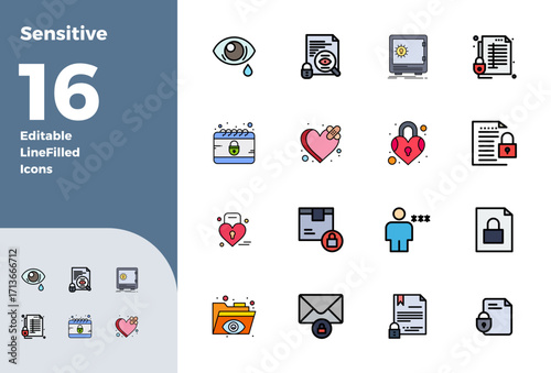 16 Colorful Line Filled PIXEL Perfect 128x128 Vector Icons from Sensitive Suite