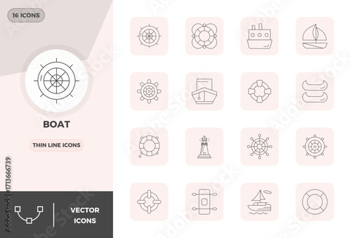 16 128x128 Slim Line Vector Icons for Boat with PIXEL Perfect precision