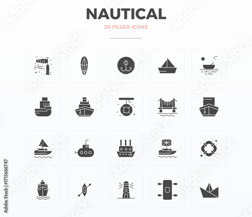 Nautical Visual Pack containing 20 Filled Glyph PIXEL Perfect Vector Icons
