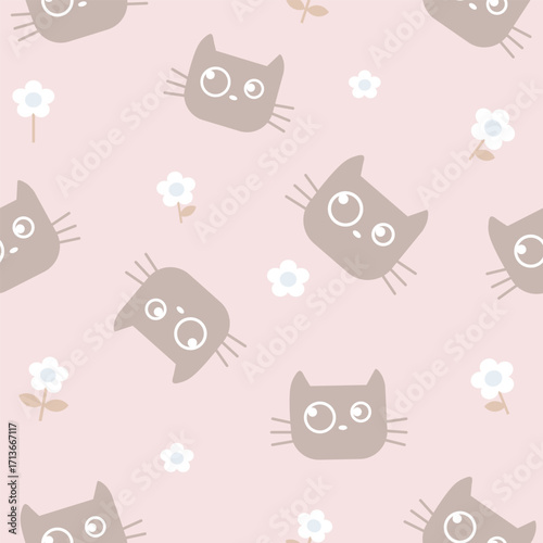 cat heads  with  big eyes and white flowers seamless pattern , vector , illustration