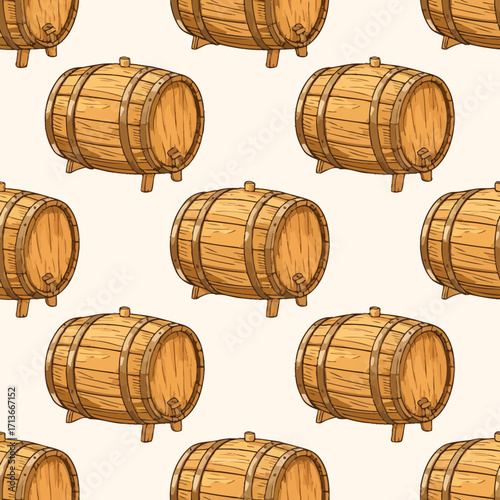 Oktoberfest icon vector Icons of pretzel, beer, Bavarian hat, repeating seamless pattern, wood barrels