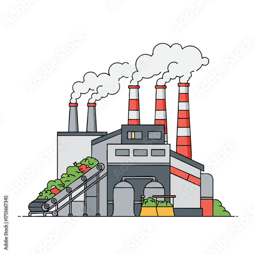 A simplified 2D flat vector illustration of a biomass energy plant facility, with a conveyor belt carrying organic waste and smoke stacks emitting clean steam, representing energy conversion.