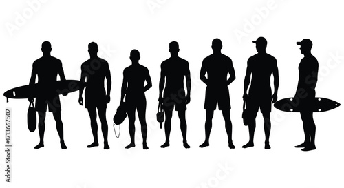 Silhouette group of surfers standing with surfboards on a white background