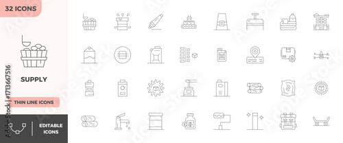 Supply Professional Vector Set with 32 Thin Outline PIXEL Perfect 128x128 Icons