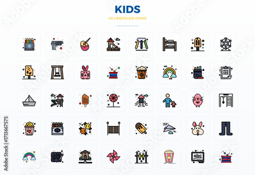 Kids PIXEL Perfect Vector Set with 40 128x128 Flat Line Filled Icons