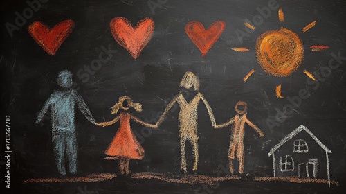 Family Bonding Illustrated with Chalk Art on Blackboard Featuring Hearts and a Sun Symbolizing Love and Togetherness